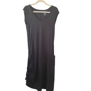 Toad&Co Womens Size M Muse Midi Dress Black Cap Sleeve Pocket Side Adjustable